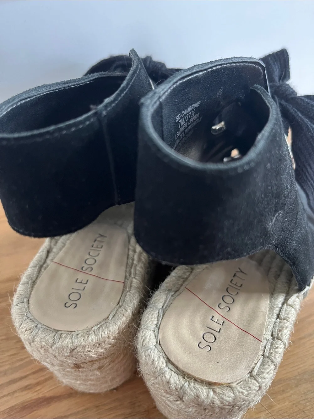 Sole Society Black Suede Espadrille Wedge Sandals with Tie Detail